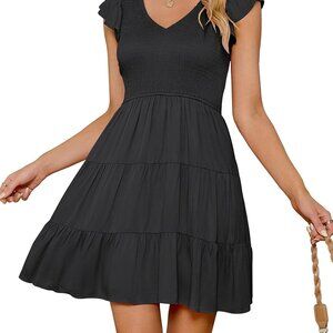 Women's 2025 Summer Casual V Neck Flutter Sleeve Bohemian Ruffle Smocked A Line